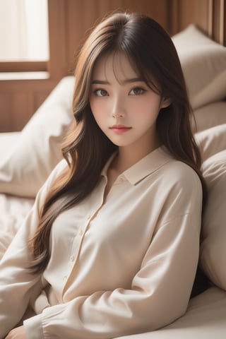 A serene Taiwanese bedroom scene: A young girl with long, dark hair lies on a plush pillow, her bangs framing her heart-shaped face, warm brown eyes gazing directly at the viewer. Soft lighting casts a cozy glow on her peaceful slumber, illuminating her casual shirt and bedsheet against a subtle, cream-colored backdrop.