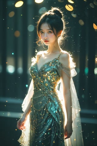 a beautiful Korean woman, avant-garde artistic dress, in a modern art gallery, glowing abstract sculptures, magical, fantasy, dreamy. shallow depth of field, vignette, highly detailed, high budget, bokeh, cinemascope, moody, epic, gorgeous, film grain, grainy, cinematic film, alive.,Asia