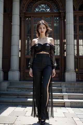 Full-body shot of Sayaka Yumi standing confidently in front of Notre-Dame de Paris's iconic Gothic façade. Soft afternoon light casts a warm glow on her striking features, highlighting the contrast between her dynamic pose and the majestic architecture. She stands tall, exuding poise and style, with her outfit perfectly complementing her energetic yet refined presence. The ensemble, a blend of modern chic and timeless elegance, adds to her captivating aura as she takes center stage in front of the historic cathedral's imposing towers.