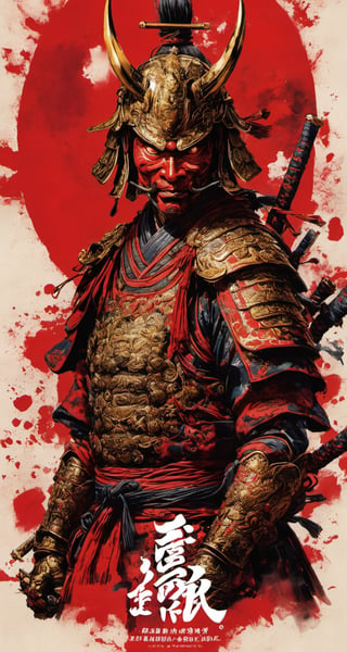 A fierce samurai stands clad in intricately crafted traditional armor adorned with golden accents. The imposing red demon mask, meticulously designed with expressive features, adds a touch of ominous charm to the warrior's countenance. The helmet, highlighted by an elaborate golden front crest, exudes a sense of regality and strength. The artist skillfully employs bold brushstrokes to depict the samurai, conveying both the fine details of the armor and the dynamic energy of the scene.,Movie Poster,japanese art