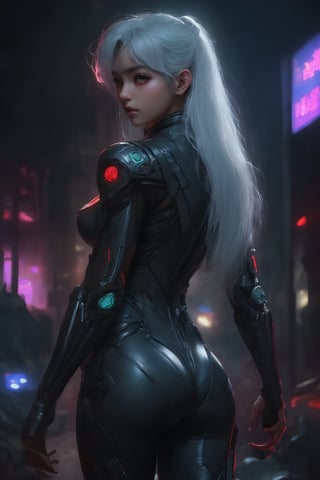 Sexy Pose , (masterpiece),(solo), 1 Japanese beauty, white hair ,  (high sexual attraction,long hair), in the dark night, (sexy Chinese Hanfu+body implants) ,(highly detailed background of ancient Indian achitechture with neon lights) ,Cyberpunk,Enhance,  Chinese fantasy art