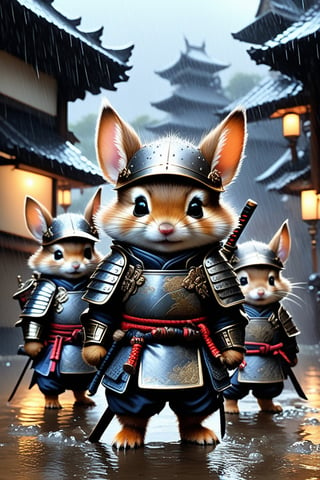 Hyper-detailed  painting, Jean-Baptiste Monge style, a gang of cute samurai little squirels gathered in the rain under an samurai armor, splash, glittering, cute and adorable, filigree, lights, fluffy, magic, surreal, fantasy, digital art, ultra hd, hyper-realistic illustration, vivid colors,  UHD, cinematic perfect light,greg rutkowski