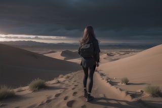 woman with long hair, in black clothes, with her back turned, looking at a desert landscape, with dark clouds and dramatic lighting