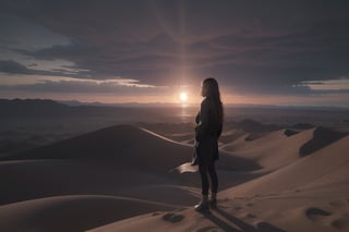 woman with long hair, in black clothes, with her back turned, looking at a desert landscape, with dark clouds and dramatic lighting