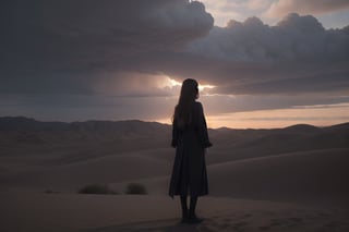 woman with long hair, in black clothes, with her back turned, looking at a desert landscape, with dark clouds and dramatic lighting