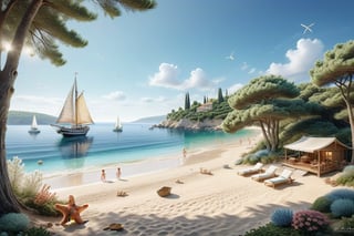 A serene NIzza beach scene unfolds before us. Little apartman house with terrace. Soft white sand stretches beneath the gentle sway of trees, while a family plays and laughs together and sunbathe. In the distance, a majestic sailing ship glides across the calm sea, its sails billowing in the breeze. Blankets scatter the shore, topped with tiny treasures: delicate sea-shells and starfish. The highly detailed landscape, reminiscent of Jean-Jacques Sempé's whimsical illustrations from Petit Nicolas, comes to life in PASTEL SHADES.