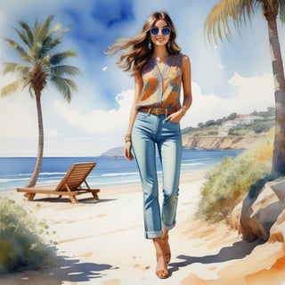 young girl , lazy long hair style, long legs, Riviera spring beach near the ocean (full body shot, '60s hippie style long baggy jeans). Modifiers:modern colorful illustration style VINTAGE fashion illustration, Coby Whitmore ART, VINTAGE 1960s hippie boho fashion illustration, whimsical style, intricately textured and detailed, Pomological Watercolor, depth of field, ultra quality ,ink art, transparent fading , shadow play, high colour contrast,watercolor,