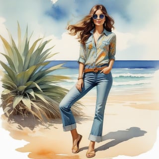 young girl , lazy long hair style, long legs, Riviera summer beach near the ocean (full body shot, '60s hippie style long baggy jeans). Modifiers:modern colorful illustration style VINTAGE fashion illustration, Coby Whitmore ART, VINTAGE 1960s hippie boho fashion illustration, whimsical style, intricately textured and detailed, Pomological Watercolor, depth of field, ultra quality ,ink art, transparent fading , shadow play, high colour contrast,watercolor,aw0k collage,KA,steampunk style,cinematic style