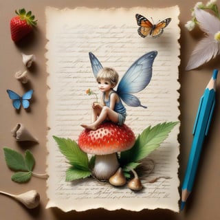 ((ultra realistic photo)), artistic sketch art, Make a little PASTELL pencil sketch of a cute TINY PIXIE SITTING on an old TORN EDGE paper , art, textures, pure perfection, high definition, TINY DELICATE FLOWERS, WILD BERRIES ,STRAWBERRY, LEAF, FEATHER, TINY MUSHROOM, TINY BUTTERFLY, TINY SUNBEAM, GRASS FIBERS on the paper,  detailed calligraphy texts, TINY delicate drawings, tiny delicate signature