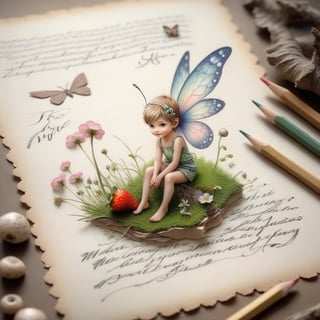 ((ultra realistic photo)), artistic sketch art, Make a little PASTELL pencil sketch of a cute TINY PIXIE SITTING on an old TORN EDGE paper , art, textures, pure perfection, high definition, TINY DELICATE FLOWERS, WILD BERRIES ,STRAWBERRY, LEAF, FEATHER, TINY MUSHROOM, TINY BUTTERFLY, TINY SUNBEAM, GRASS FIBERS on the paper,  detailed calligraphy texts, TINY delicate drawings, tiny delicate signature