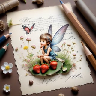 ((ultra realistic photo)), artistic sketch art, Make a little PASTELL pencil sketch of a cute TINY PIXIE SITTING on an old TORN EDGE paper , art, textures, pure perfection, high definition, TINY DELICATE FLOWERS, WILD BERRIES ,STRAWBERRY, LEAF, FEATHER, TINY MUSHROOM, TINY BUTTERFLY, TINY SUNBEAM, GRASS FIBERS on the paper,  detailed calligraphy texts, TINY delicate drawings, tiny delicate signature