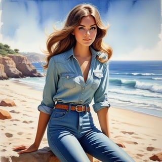 young girl , lazy long hair style, beautiful eyes, long legs, Riviera summer beach near the ocean (full body shot, '60s hippie style long jeans). Modifiers:modern colorful illustration style VINTAGE fashion illustration, by Coby Whitmore, Haddon Sundblom. VINTAGE 1960s hippie fashion illustration, whimsical style, intricately textured and detailed, Pomological Watercolor, depth of field, ultra quality ,ink art, transparent fading , shadow play, high colour contrast,PIXAR