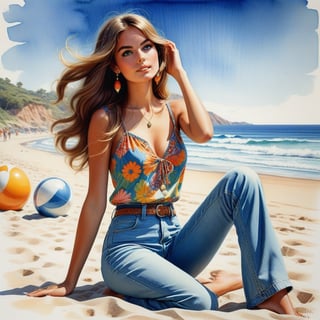 young girl , lazy long hair style, beautiful eyes, long legs, Riviera summer beach near the ocean (full body shot, '60s hippie style long jeans). Modifiers:modern colorful illustration style VINTAGE fashion illustration, by Coby Whitmore, Haddon Sundblom. VINTAGE 1960s hippie fashion illustration, whimsical style, intricately textured and detailed, Pomological Watercolor, depth of field, ultra quality ,ink art, transparent fading , shadow play, high colour contrast,PIXAR