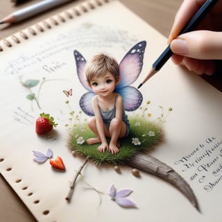 ((ultra realistic photo)), artistic sketch art, Make a little PASTELL pencil sketch of a cute TINY PIXIE SITTING on an old TORN EDGE paper , art, textures, pure perfection, high definition, TINY DELICATE FLOWERS, WILD BERRIES ,STRAWBERRY, TREES, LEAF, FEATHER, TINY MUSHROOM, TINY BUTTERFLY, TINY SUNBEAM, GRASS FIBERS on the paper,  detailed calligraphy texts, TINY delicate drawings, tiny delicate signature