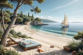 A serene NIzza beach scene unfolds before us. Little apartman house with terrace. Soft white sand stretches beneath the gentle sway of trees, while a family plays and laughs together and sunbathe. In the distance, a majestic sailing ship glides across the calm sea, its sails billowing in the breeze. Blankets scatter the shore, topped with tiny treasures: delicate sea-shells and starfish. The highly detailed landscape, reminiscent of Jean-Jacques Sempé's whimsical illustrations from Petit Nicolas, comes to life in PASTEL SHADES.