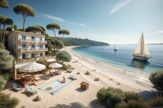 A serene NIzza beach scene unfolds before us. Little apartman house with terrace. Soft white sand stretches beneath the gentle sway of trees, while a family plays and laughs together and sunbathe. In the distance, a majestic sailing ship glides across the calm sea, its sails billowing in the breeze. Blankets scatter the shore, topped with tiny treasures: delicate sea-shells and starfish. The highly detailed landscape, reminiscent of Jean-Jacques Sempé's whimsical illustrations from Petit Nicolas, comes to life in PASTEL SHADES.