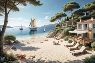 A serene NIzza beach scene unfolds before us. Little apartman house with terrace. Soft white sand stretches beneath the gentle sway of trees, while a family plays and laughs together and sunbathe. In the distance, a majestic sailing ship glides across the calm sea, its sails billowing in the breeze. Blankets scatter the shore, topped with tiny treasures: delicate sea-shells and starfish. The highly detailed landscape, reminiscent of Jean-Jacques Sempé's whimsical illustrations from Petit Nicolas, comes to life in PASTEL SHADES.