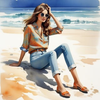 young girl , lazy long hair style, long legs, Riviera spring beach near the ocean (full body shot, '60s hippie style long baggy jeans). Modifiers:modern colorful illustration style VINTAGE fashion illustration, Coby Whitmore ART, VINTAGE 1960s hippie boho fashion illustration, whimsical style, intricately textured and detailed, Pomological Watercolor, depth of field, ultra quality ,ink art, transparent fading , shadow play, high colour contrast,watercolor,