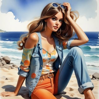 young girl , lazy long hair style, beautiful eyes, long legs, Riviera summer beach near the ocean (full body shot, '60s hippie style long jeans). Modifiers:modern colorful illustration style VINTAGE fashion illustration, by Coby Whitmore, Haddon Sundblom. VINTAGE 1960s hippie fashion illustration, whimsical style, intricately textured and detailed, Pomological Watercolor, depth of field, ultra quality ,ink art, transparent fading , shadow play, high colour contrast,PIXAR