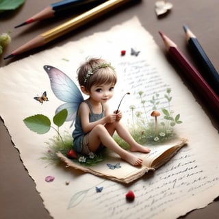 ((ultra realistic photo)), artistic sketch art, Make a little PASTELL pencil sketch of a cute TINY PIXIE SITTING on an old TORN EDGE paper , art, textures, pure perfection, high definition, TINY DELICATE FLOWERS, WILD BERRIES ,STRAWBERRY, TREES, LEAF, FEATHER, TINY MUSHROOM, TINY BUTTERFLY, TINY SUNBEAM, GRASS FIBERS on the paper,  detailed calligraphy texts, TINY delicate drawings, tiny delicate signature