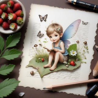 ((ultra realistic photo)), artistic sketch art, Make a little PASTELL pencil sketch of a cute TINY PIXIE SITTING on an old TORN EDGE paper , art, textures, pure perfection, high definition, TINY DELICATE FLOWERS, WILD BERRIES ,STRAWBERRY, LEAF, FEATHER, TINY MUSHROOM, TINY BUTTERFLY, TINY SUNBEAM, GRASS FIBERS on the paper,  detailed calligraphy texts, TINY delicate drawings, tiny delicate signature