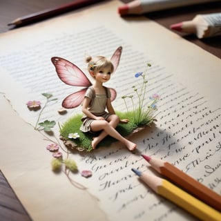 ((ultra realistic photo)), artistic sketch art, Make a little PASTELL pencil sketch of a cute TINY PIXIE SITTING on an old TORN EDGE paper , art, textures, pure perfection, high definition, TINY DELICATE FLOWERS, WILD BERRIES ,STRAWBERRY, LEAF, FEATHER, TINY MUSHROOM, TINY BUTTERFLY, TINY SUNBEAM, GRASS FIBERS on the paper,  detailed calligraphy texts, TINY delicate drawings, tiny delicate signature,BookScenic,underwater