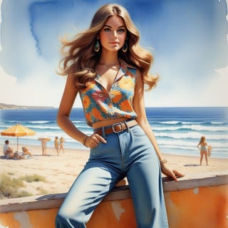 young girl , lazy long hair style, beautiful eyes, long legs, Riviera summer beach near the ocean (full body shot, '60s hippie style long jeans). Modifiers:modern colorful illustration style VINTAGE fashion illustration, by Coby Whitmore, Haddon Sundblom. VINTAGE 1960s hippie fashion illustration, whimsical style, intricately textured and detailed, Pomological Watercolor, depth of field, ultra quality ,ink art, transparent fading , shadow play, high colour contrast,PIXAR