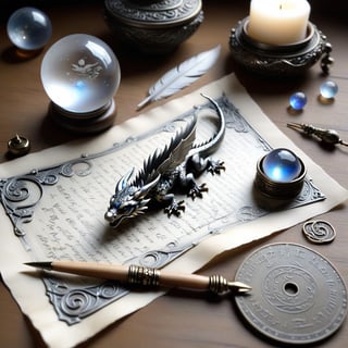 ((ultra ARTISTIC sketch)), (artistic sketch art), Make a 3d DETAILED old torn paper scroll on a scraped old desk (detailed calligraphic texts on the paper, tiny miniature cute sleepy baby dragon scraping on the paper, feather pendant with moonstone ball) crystal, silver coin, little moonstone gem , tiny candle, tiny potion jar,, delicate flowers, 