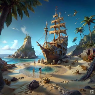 we see the enchanted tropical shore  on the rough sand, DETAILED enchanted beach resort life, sailing ships, tropical bungalows under the  magnifying glass.. Modifiers: Unreal Engine, Nazar Noschenko, magical, Pino Daeni, etheral, midjourney, ghostly, Astounding, outstanding, otherwordliness, cute illustration, cuteaesthetic, Boris Vallejo style, highly intricate, whimsical, 4K 3D, stunning color depth, cute illustration, Salvador Dalí