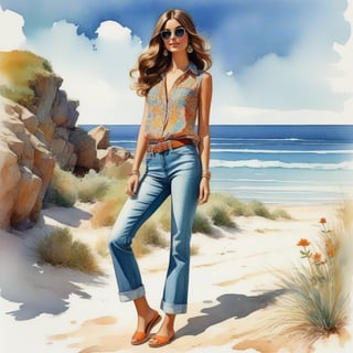 young girl , lazy long hair style, long legs, Riviera spring beach near the ocean (full body shot, '60s hippie style long baggy jeans). Modifiers:modern colorful illustration style VINTAGE fashion illustration, Coby Whitmore ART, VINTAGE 1960s hippie boho fashion illustration, whimsical style, intricately textured and detailed, Pomological Watercolor, depth of field, ultra quality ,ink art, transparent fading , shadow play, high colour contrast,watercolor,