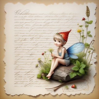 ((ultra realistic photo)), artistic sketch art, Make a little PASTELL pencil sketch of a cute TINY PIXIE SITTING on an old TORN EDGE paper , art, textures, pure perfection, high definition, TINY DELICATE FLOWERS, WILD BERRIES ,STRAWBERRY, LEAF, FEATHER, TINY MUSHROOM, TINY BUTTERFLY, TINY SUNBEAM, GRASS FIBERS on the paper,  detailed calligraphy texts, TINY delicate drawings, tiny delicate signature