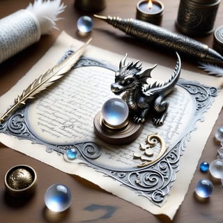 ((ultra ARTISTIC sketch)), (artistic sketch art), Make a 3d DETAILED old torn paper scroll on a scraped old desk (detailed calligraphic texts on the paper, tiny miniature cute sleepy baby dragon scraping on the paper, feather pendant with moonstone ball) crystal, silver coin, little moonstone gem , tiny candle, tiny potion jar,, delicate flowers, 