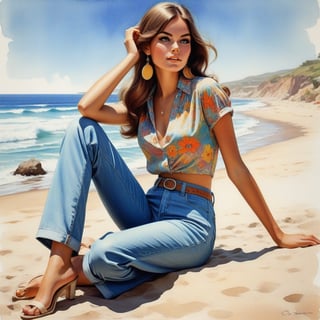 young girl , lazy long hair style, beautiful eyes, long legs, Riviera summer beach near the ocean (full body shot, '60s hippie style long jeans). Modifiers:modern colorful illustration style VINTAGE fashion illustration, by Coby Whitmore, Haddon Sundblom. VINTAGE 1960s hippie fashion illustration, whimsical style, intricately textured and detailed, Pomological Watercolor, depth of field, ultra quality ,ink art, transparent fading , shadow play, high colour contrast,PIXAR