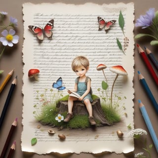 ((ultra realistic photo)), artistic sketch art, Make a little PASTELL pencil sketch of a cute TINY PIXIE SITTING on an old TORN EDGE paper , art, textures, pure perfection, high definition, TINY DELICATE FLOWERS, WILD BERRIES ,STRAWBERRY, TREES, LEAF, FEATHER, TINY MUSHROOM, TINY BUTTERFLY, TINY SUNBEAM, GRASS FIBERS on the paper,  detailed calligraphy texts, TINY delicate drawings, tiny delicate signature