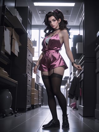 By Yves Di, a beautiful WOMAN, satin romper, beautiful face, STANDING, beautiful legs, dark eyes, full body, colorful colors, detailed background, anne hathaway vibe, smooth criminal style, night time, penthouse ,high quality, 8K Ultra HD, 3D effect, A digital illustration of REALISTIC style, soft anime tones, Atmosphere like Gotham Animation, luminism, three dimensional effect, luminism, Isometric, awesome full color, delicate  expressions

,nobara kugisaki,