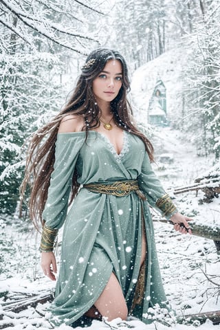 In a serene winter scene within a cozy Viking-era cabin, a stunningly beautiful woman with piercing green eyes and cascading hair the color of pure gold stands. Her long locks frame her delicate features as she gazes out at the falling snow, her torn dress adding a touch of vulnerability to her ethereal beauty. The scene is infused with a mystical, otherworldly aura, as if the Norse gods themselves are watching over her in the enchanting Norwegian forest. The image is to be depicted in ultra-high definition, showcasing every intricate detail with flawless perfection.,snow girl,lilia,girl