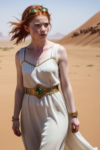 A red-haired girl with green eyes and waist-length hair, wearing a worn white semi-transparent silk dress with gold details, is exhausted in the middle of an endless desert under the scorching midday sun. Her face reflects fatigue and thirst as she brings a canteen to her parched lips, the pearly sweat on her forehead shining with the intensity of the desert heat that surrounds her.