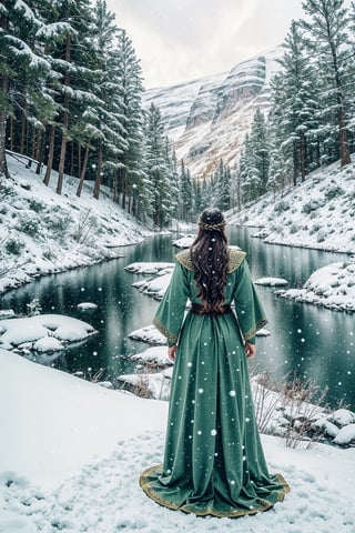 In a serene winter scene within a cozy Viking-era cabin, a stunningly beautiful woman with piercing green eyes and cascading hair the color of pure gold stands. Her long locks frame her delicate features as she gazes out at the falling snow, her torn dress adding a touch of vulnerability to her ethereal beauty. The scene is infused with a mystical, otherworldly aura, as if the Norse gods themselves are watching over her in the enchanting Norwegian forest. The image is to be depicted in ultra-high definition, showcasing every intricate detail with flawless perfection.,snow girl,lilia,girl,ladyj,valkyrie style