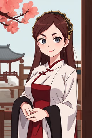 Appearance: Mei Ling is a petite, graceful girl with flowing dark hair and bright, expressive eyes. Her gentle smile and kind demeanor make her approachable and beloved by those around her. She often wears traditional Chinese attire with modern twists, reflecting her unique blend of old and new and also a big boobs