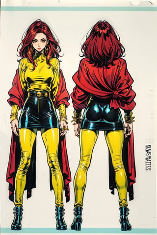 Model sheet from Official Handbook of the Marvel Universe (Master Edition): used for three views (front, side and back). 1girl, warrior, Red Hair, Yellow eyes, urban clothing, green shirt, black pant, red shoes, White aura, magician.