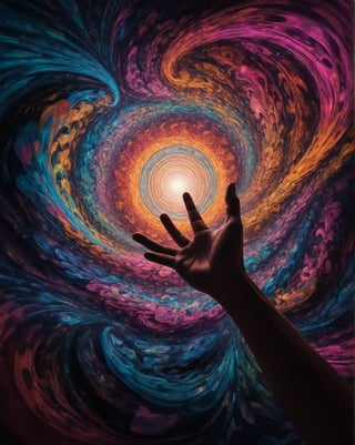 The image of god hand in a psychedelic surrealism style features swirling, vibrant colors that blend together in a dreamlike manner. god hand figure is distorted and elongated, with exaggerated features that seem to morph and shift before the viewer's eyes. The composition is chaotic yet balanced, with a sense of movement and energy that pulls the viewer into the surreal world of the image. The lighting is intense and dramatic, casting deep shadows and highlighting the surreal elements of the scene. Overall, the image captures a sense of otherworldly beauty and mystique, drawing the viewer into a mesmerizing and hypnotic visual experience.,ral-flufblz