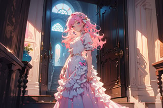 Masterpiece, best quality, super detailed, illustration, beautiful detailed eyes, close up, 1 girl, pink hair, white dress, villa doorway, standing position, face down