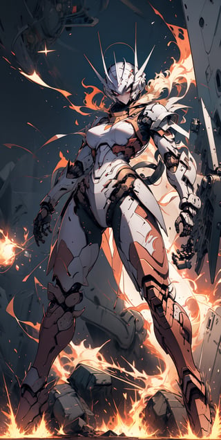  Dark orange sky, eclipse, smoke, fire all around, and burning fields, dark red clouds, sexy red mecha, female mecha, gundam, full standing up, full_body, best quality:1.5, battle poses 