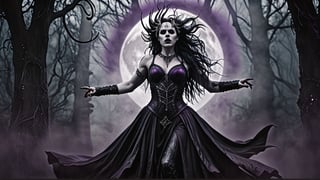 Design an album cover for a symphonic metal band fronted by a female vocalist. The cover should blend dark, gothic elements with a sense of epic grandeur. Use a color palette of deep purples, blacks, and silvers, with striking contrasts. The central image could feature the female lead in a powerful, mystical pose, surrounded by swirling mist, darkened forests, or ancient ruins. Incorporate elements like a full moon, raven feathers, or ornate gothic architecture to enhance the symphonic and metal themes. The band's name should be in a bold, metallic font, while the album title could be displayed in a more elegant, serif or script style, adding a touch of sophistication.