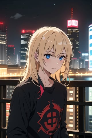 1girl, solo, long hair, bangs, blue eyes, blonde hair, shirt, black hair, closed mouth, upper body, multicolored hair,outdoors, two-tone hair, blue shirt,doomerboy, night, city