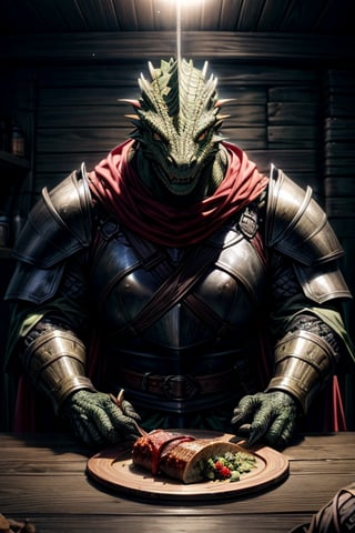 best quality,HQ,8K,masterpiece,heavily muscled, (green-scaled dragonborn), (intense green scaled), seven feet tall, (heavy armor, steel plate armor), background medieval tavern, sit in a chair, eating a turkey leg, fantasy, grey cloak, green scales, daylight scene, whole body, sharp focus, studio photo, intricate details, highly detailed, realistic, cinematic lighting, perfect head, perfect hands
