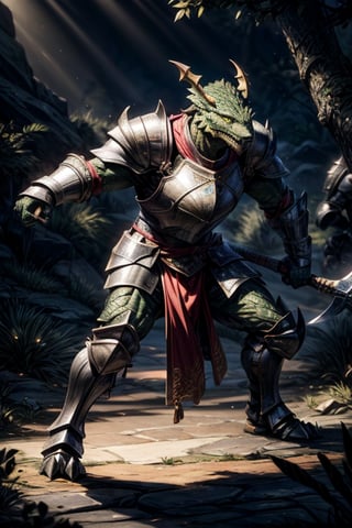 best quality,HQ,8K,masterpiece,heavily muscled, (green-scaled dragonborn), (intense green scaled), seven feet tall, (heavy armor, steel plate armor), (holding a two-handed battle axe), background battle ground, sunlight, fighting_stance, fighting, fantasy, green scales, daylight scene, midday, whole body, sharp focus, studio photo, intricate details, highly detailed, realistic, cinematic lighting, perfect head, perfect hands
