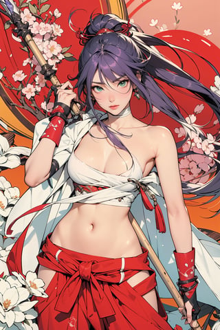 This image depicts a female anime character with long, flowing purple hair and sparkling green eyes. She is wearing a revealing white top with a gorgeous red obi tied around her waist, exuding an elegant demeanor. The character is adorned with red gloves and is holding a long spear in her right hand, showcasing her warrior-like qualities. The background is filled with vibrant pink cherry blossoms and red patterns, as if immersed in traditional Japanese culture, exuding a blend of classical and fantasy beauty. The overall scene is full of the grace of a warrior and Eastern charm, giving viewers a mysterious and enchanting feeling.