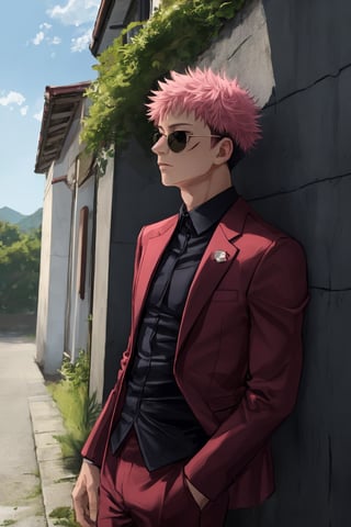 yuji itadori, alone, 1 boy, pink hair, short hair shaved on the sides, wearing 1 elegant pink suit, muscular, with sunglasses, ,itadori yuuji,spiked hair,short hair,undercut,facial mark,Germany Male,brown eyes, 