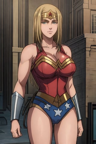 1 girl, alone, city, masterpiece, very detailed, blonde, long hair Lora de Ymir, soft smile, wearing, the costume, wonder woman,wonder2, big breasts